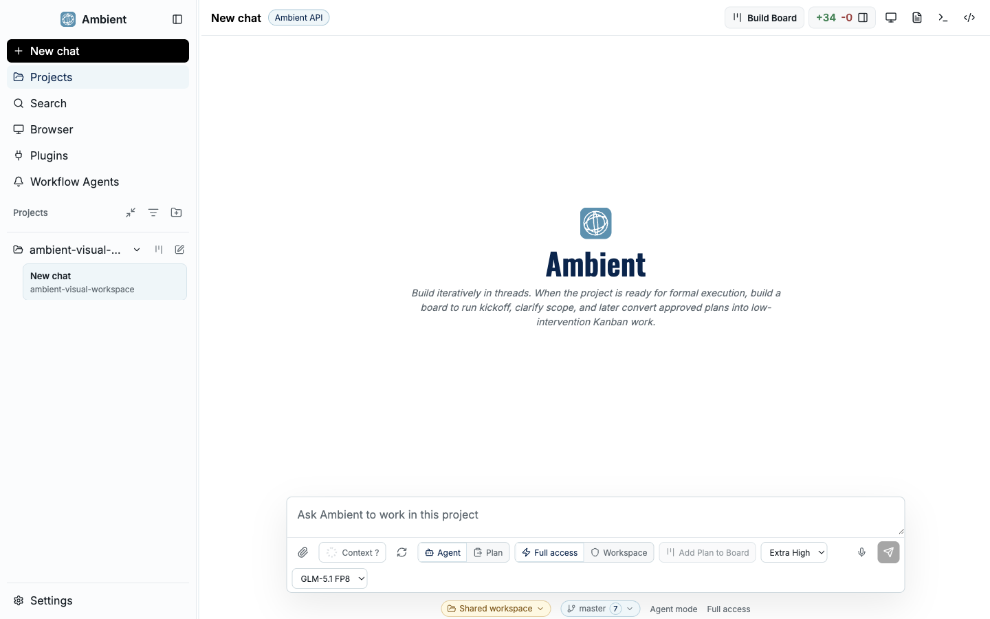 Ambient Desktop main shell with chat, sidebar, and workspace controls.